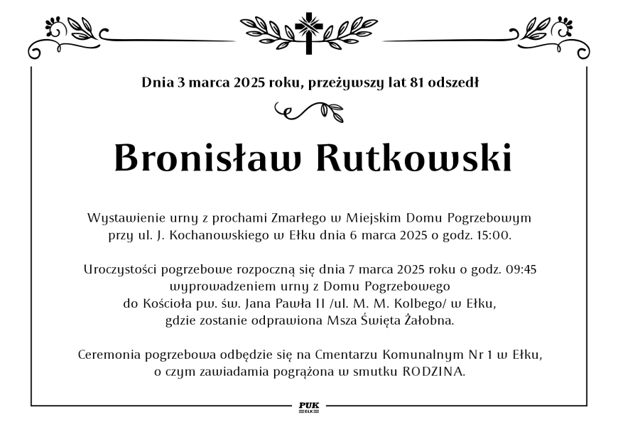 Bronisław Rutkowski - nekrolog